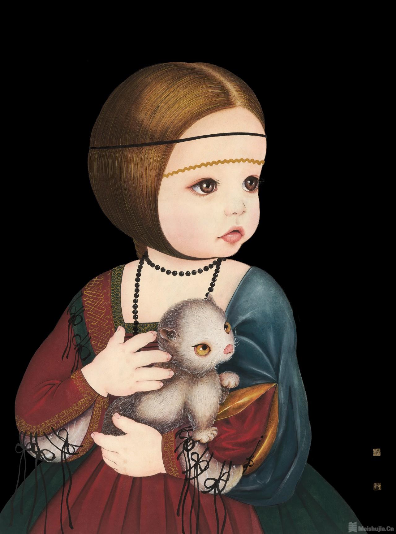 (2/7)抱貂的女孩 56x43cm 纸本设色 2018